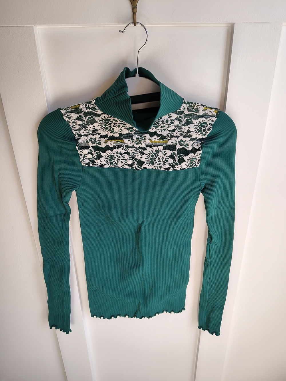 Free People Lace Detailing Ribbed Emerald Green Mock Neck Long Sleeved Blouse